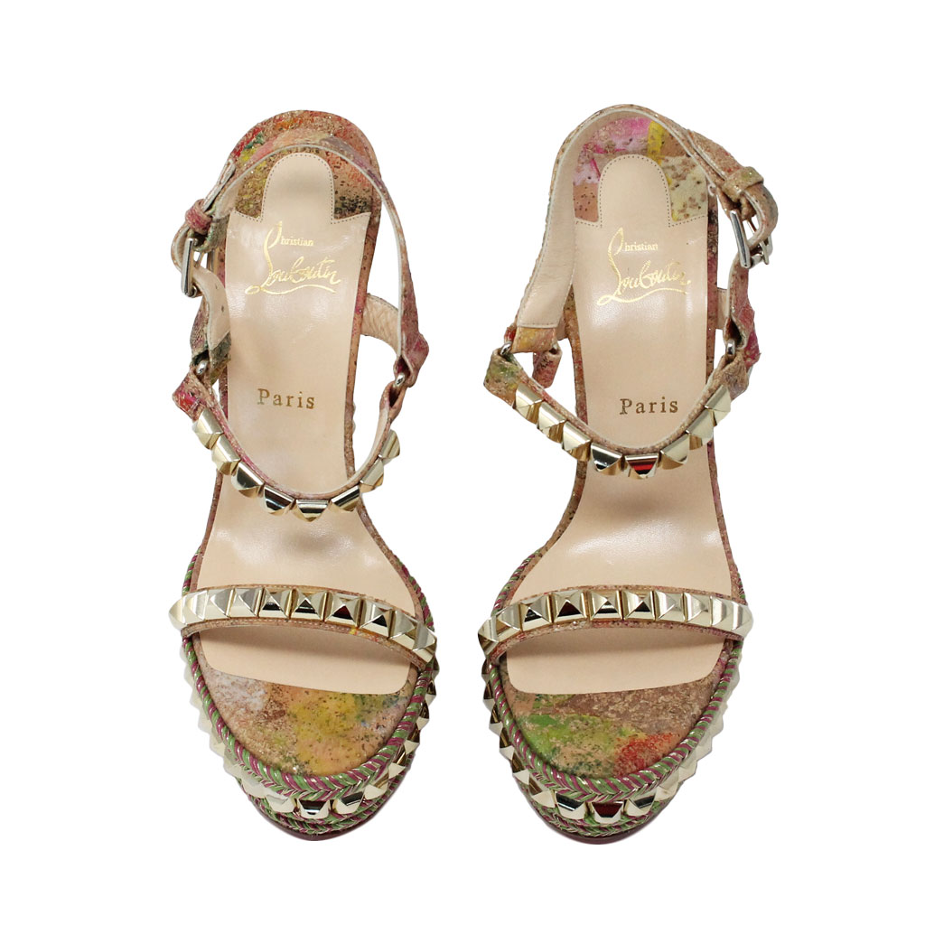 Authentic Christian Louboutin Cataclou 140 Cork Blooming Multicolor/Studded Wedges