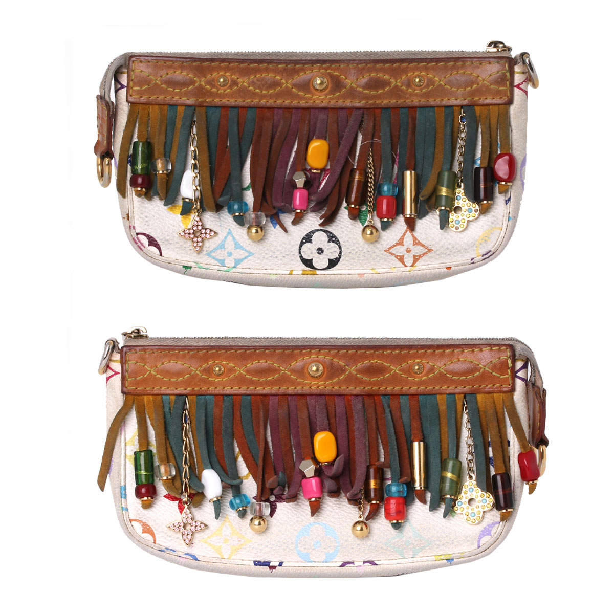 G9217MEE-10 Louis Vuitton White Monogram Multi-color Fringe Bucket Bag with Pouch
