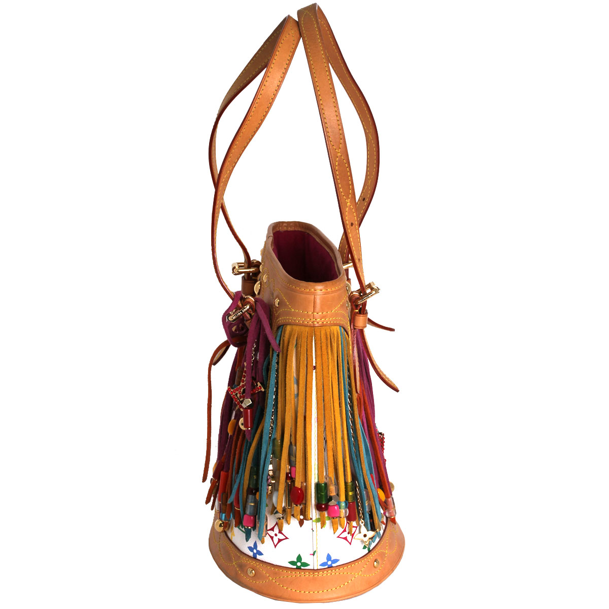 G9217MEE-2 Louis Vuitton White Monogram Multi-color Fringe Bucket Bag with Pouch