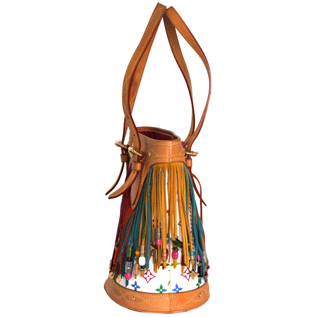 G9217MEE-3 Louis Vuitton White Monogram Multi-color Fringe Bucket Bag with Pouch