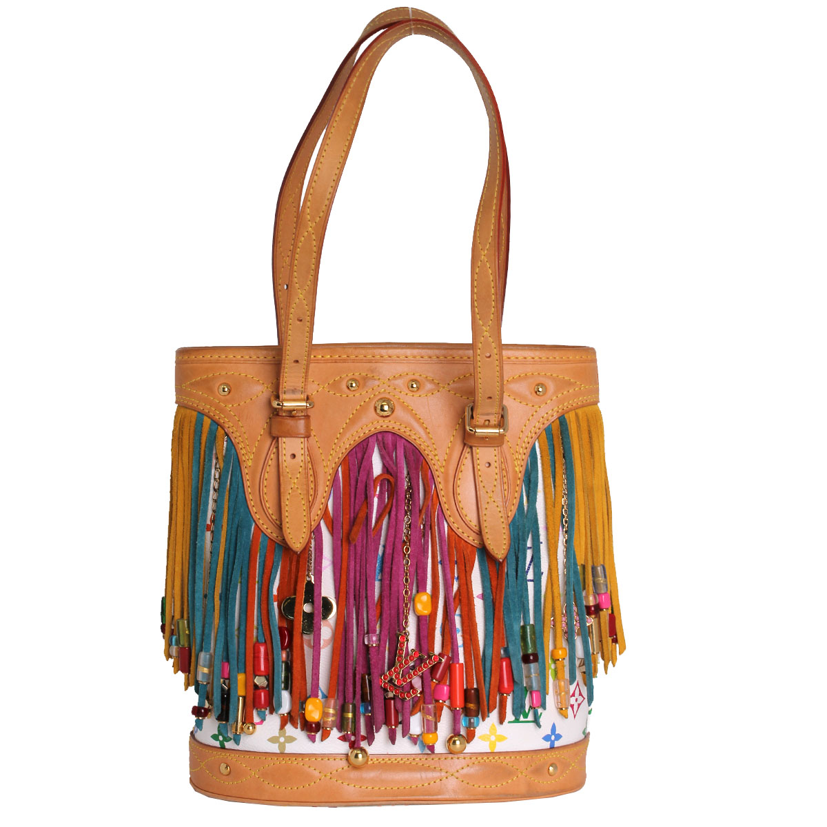 G9217MEE-4 Louis Vuitton White Monogram Multi-color Fringe Bucket Bag with Pouch