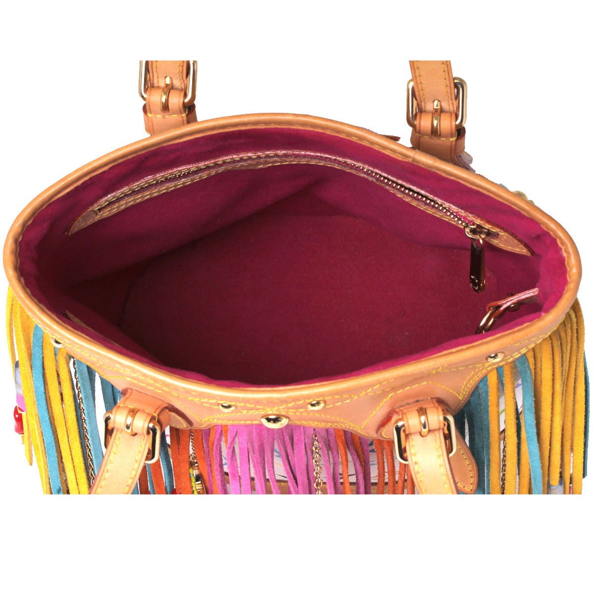 G9217MEE-5 Louis Vuitton White Monogram Multi-color Fringe Bucket Bag with Pouch