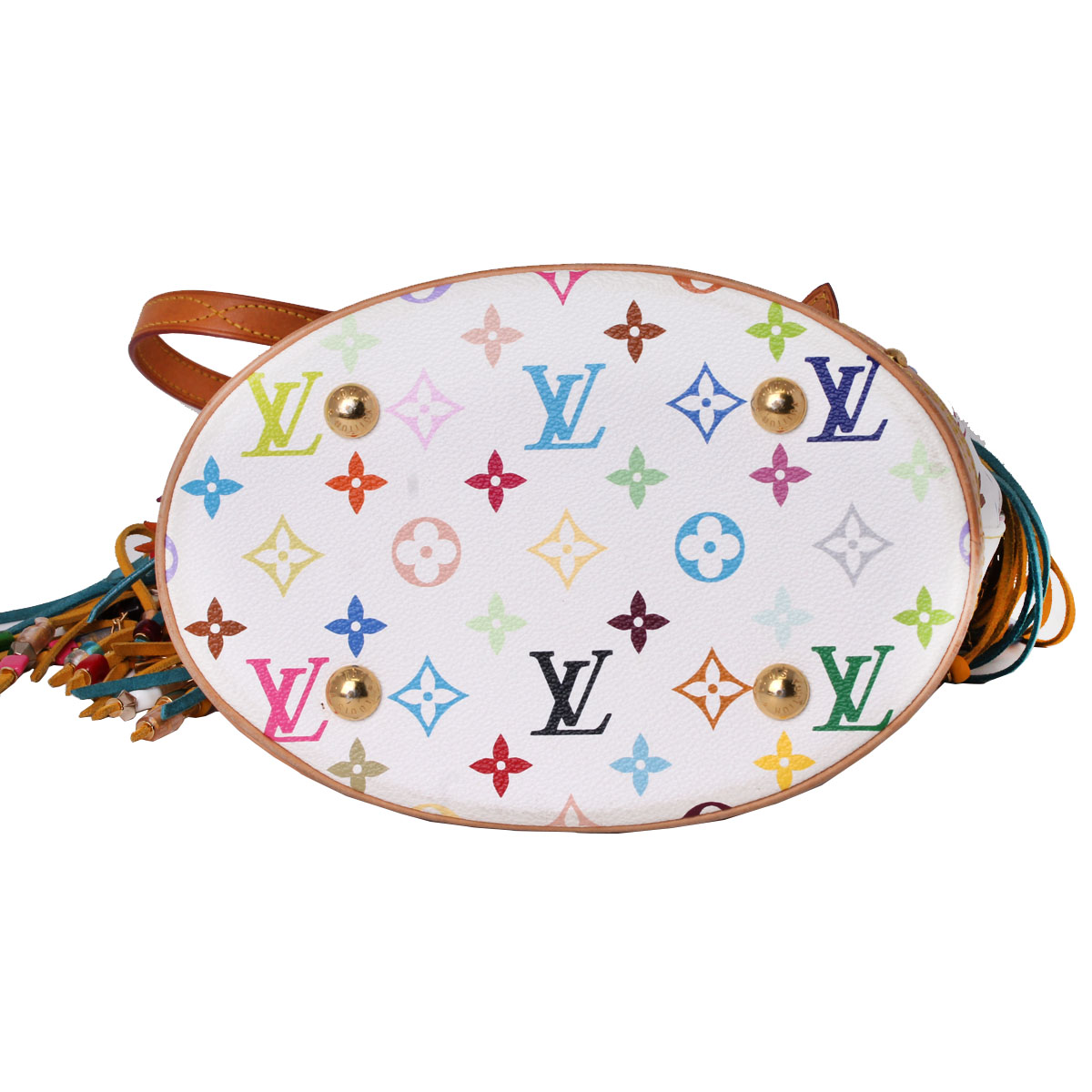 G9217MEE-6 Louis Vuitton White Monogram Multi-color Fringe Bucket Bag with Pouch