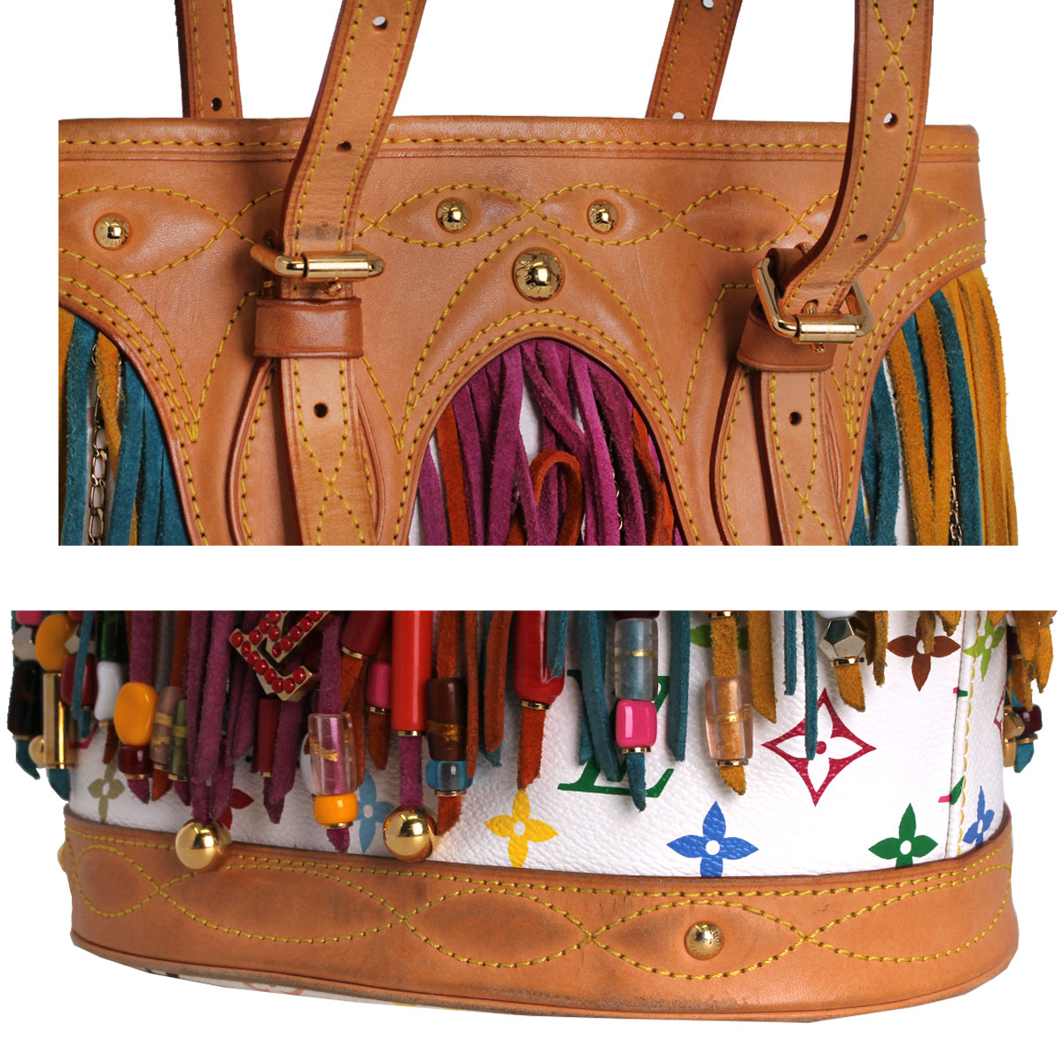 G9217MEE-8 Louis Vuitton White Monogram Multi-color Fringe Bucket Bag with Pouch