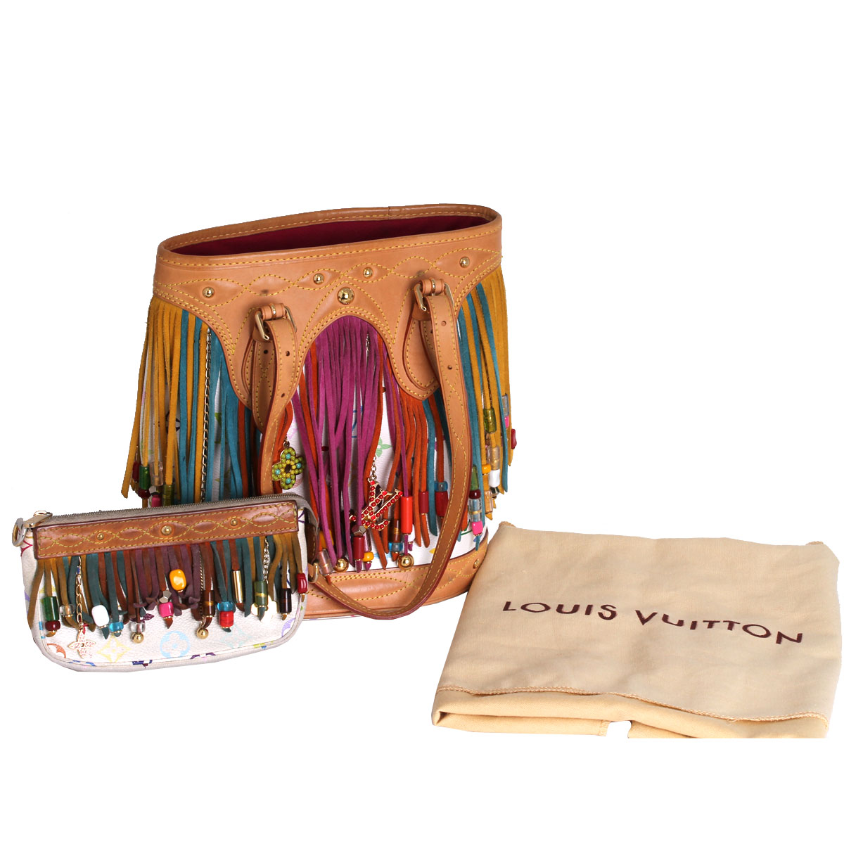 G9217MEE-9 Louis Vuitton White Monogram Multi-color Fringe Bucket Bag with Pouch