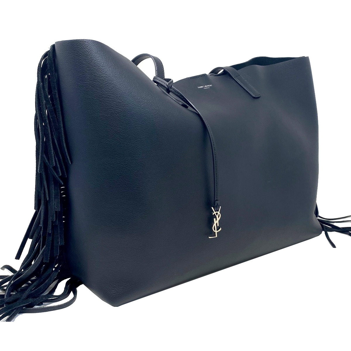 YSL Yves Saint Laurent Fringe Black Leather Tote Handbag
