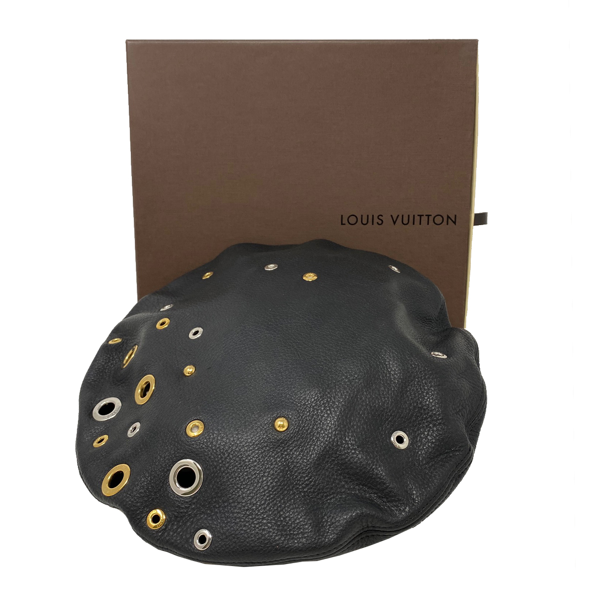Louis Vuitton Embellished Grommets Black Leather Beret Hat With Box Louis Vuitton Embellished Grommets Black Leather Beret Hat With Box