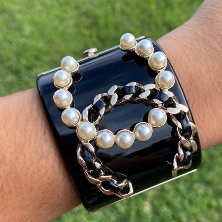 CHANEL Black and Gold Resin CC Pearl Chain Wide Cuff Bracelet