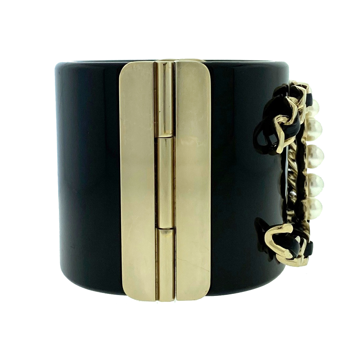 CHANEL Black and Gold Resin CC Pearl Chain Wide Cuff Bracelet CHANEL Black and Gold Resin CC Pearl Chain Wide Cuff Bracelet