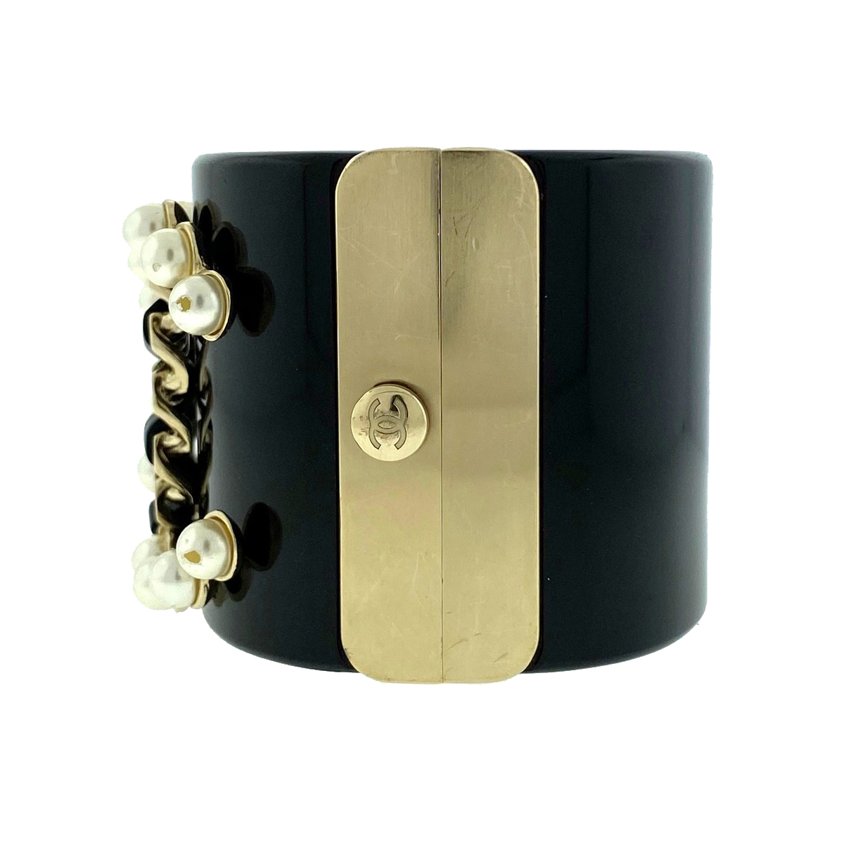 CHANEL Black and Gold Resin CC Pearl Chain Wide Cuff Bracelet CHANEL Black and Gold Resin CC Pearl Chain Wide Cuff Bracelet