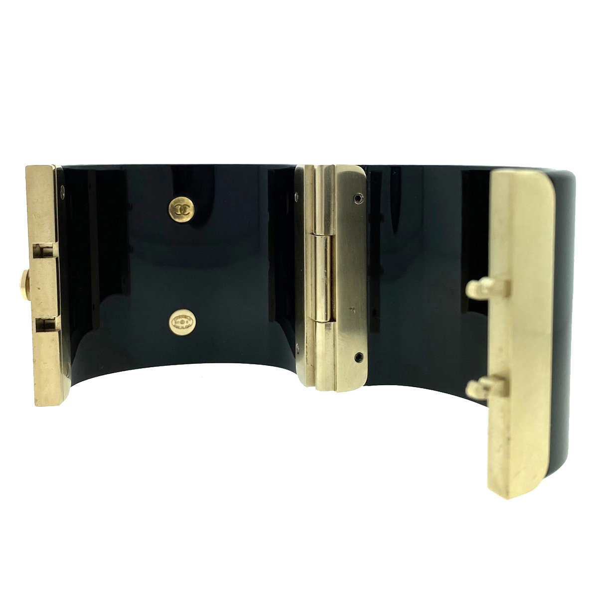 CHANEL Black and Gold Resin CC Pearl Chain Wide Cuff Bracelet CHANEL Black and Gold Resin CC Pearl Chain Wide Cuff Bracelet