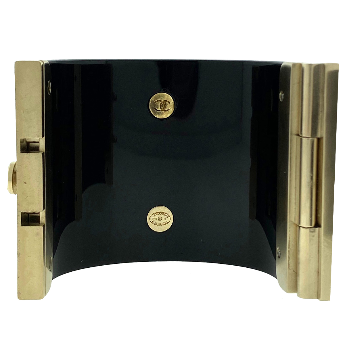 CHANEL Black and Gold Resin CC Pearl Chain Wide Cuff Bracelet CHANEL Black and Gold Resin CC Pearl Chain Wide Cuff Bracelet