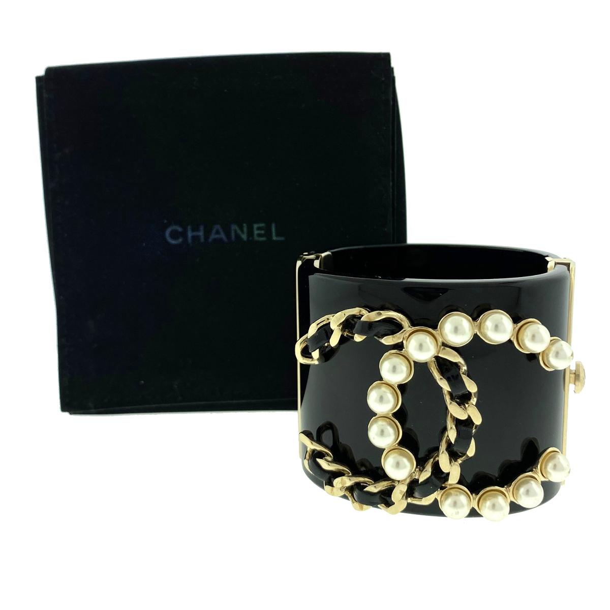 CHANEL Black and Gold Resin CC Pearl Chain Wide Cuff Bracelet CHANEL Black and Gold Resin CC Pearl Chain Wide Cuff Bracelet