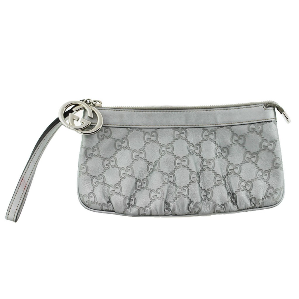 Gucci Guiccissima Silver Leather Wristlet, preosned gucci, used gicci, gucci ebay