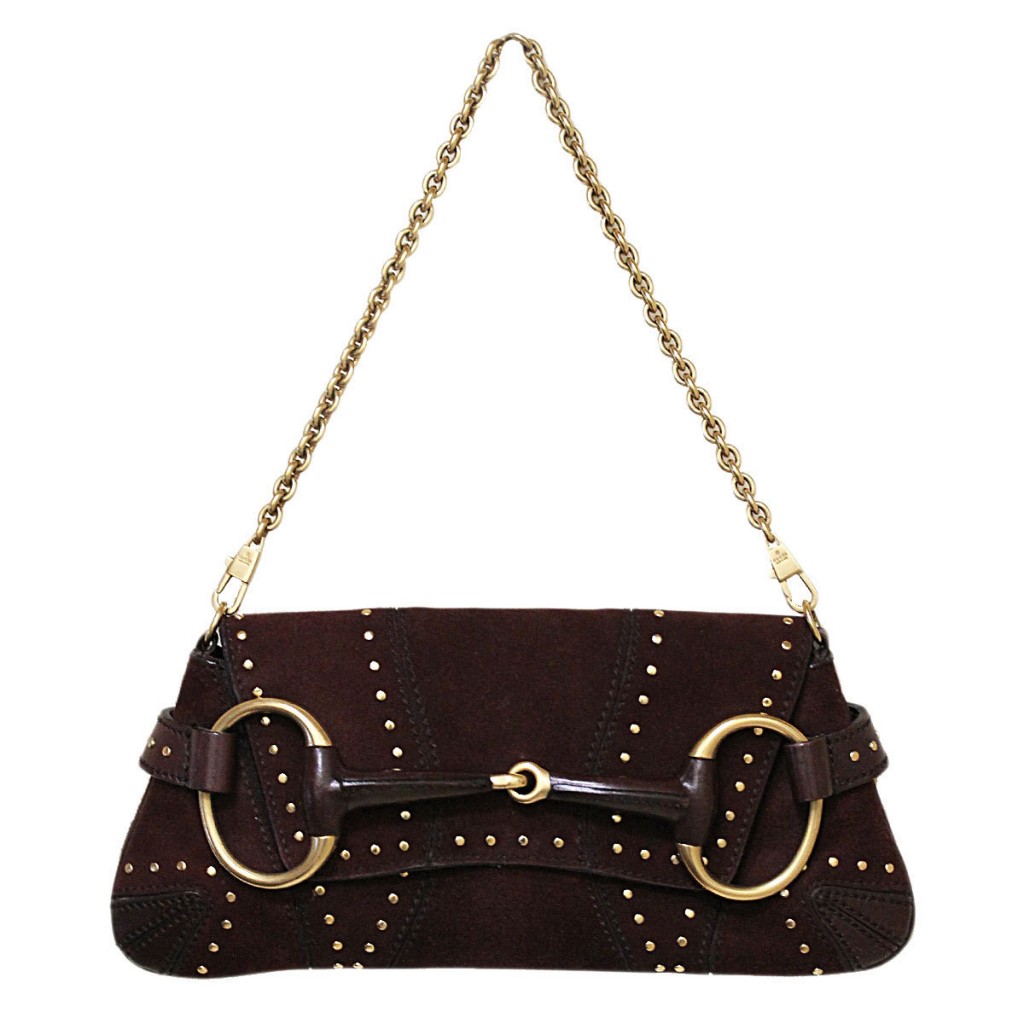 Gucci Brown Suede Horse Bit Gold Purse Shoulder Bag